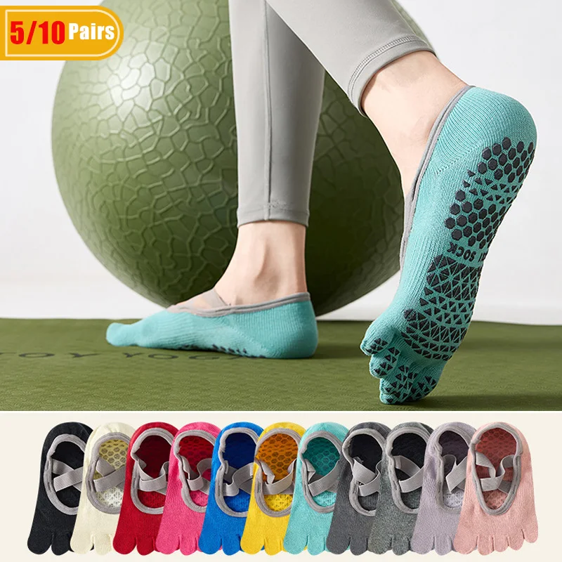 Pilates Yoga Origin - 5/10 Paar Damen-Yoga-Zehensocken aus Baumwolle, schweißabsorbierend,
