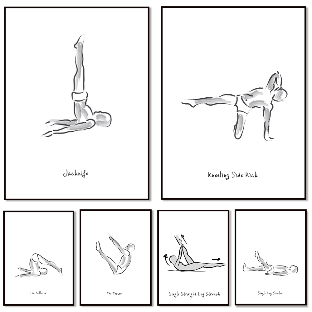 Pilates Yoga Gifts - Pilates-Übungs-Infografiken in Schwarz-Weiß, Joseph Pilates Poster,