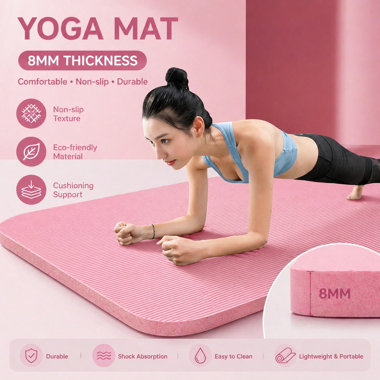 Pilates Yoga Mat - 185*61CM Rosa rutschfeste Yogamatte, stoßdämpfende, bequeme